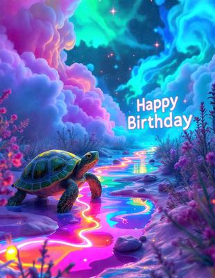 The primary subject of the image is a turtle, which is walking across a rainbow-colored bridge. The setting is a fantasy world with a colorful sky and a cloudy background. The visual style is a digital art or illustration, creating a whimsical and vibrant atmosphere. The dominant colors are rainbow hues, which contribute to the overall cheerful and lively mood of the scene.