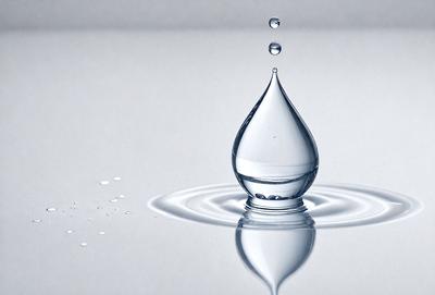 The primary subject of the image is a single drop of water, which is captured in mid-air. The setting is a white background, which provides a clean and minimalistic appearance. The visual style is a close-up of the water drop, emphasizing its details and texture. The colors in the image are predominantly white, which creates a calm and serene atmosphere.