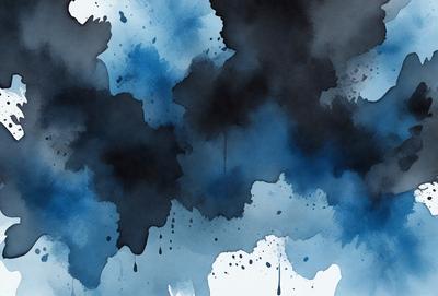 The primary subject of the image is a blue and black painting, which features a cloudy sky with dripping paint. The setting is an artistic background, and the visual style is a painting or drawing. The dominant colors are blue and black, creating a moody and dramatic atmosphere.