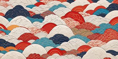 The primary subject of the image is a colorful, intricate design featuring a mix of red, blue, and white colors. The design is reminiscent of a kite, with a cloud-like pattern and a red circle in the center. The setting is a red and blue background, which adds to the vibrant atmosphere of the image. The visual style is a combination of digital art and illustration, creating a unique and eye-catching pattern. The colors and mood of the image are lively and energet