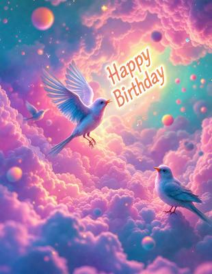The primary subject of the image is a pair of birds, one of which is a dove, flying through a pink and purple cloudy sky. The setting is a colorful, whimsical environment with a backdrop of clouds. The visual style is a digital art or illustration, creating a vibrant and lively atmosphere. The colors and mood are predominantly pink and purple, giving the scene a cheerful and dreamy quality.