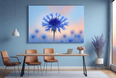 The primary subject of the image is a large, beautifully colored flower, which is the main focus of the scene. The flower is displayed on a canvas, giving it a unique and artistic appearance. The setting is a room with a dining table and chairs, creating a cozy and inviting atmosphere. The visual style of the image is a combination of art and nature, as the flower is skillfully painted and placed in a realistic environment. The colors and mood of the image are vibrant and lively, with