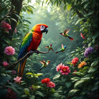 The primary subject of the image is a colorful parrot perched on a tree branch. The setting is a lush green forest with a variety of flowers, including pink and red ones. The visual style is a digital art illustration, creating a vibrant and lively atmosphere. The dominant colors are green, pink, red, and yellow, reflecting the natural beauty of the forest and the parrot's vivid plumage.