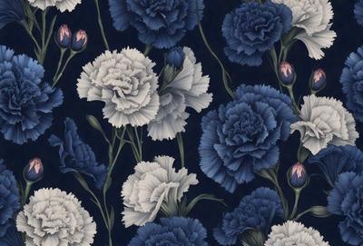 The primary subject of the image is a blue and white floral pattern, featuring a variety of flowers in different shades of blue. The setting is a blue background, which complements the vibrant colors of the flowers. The visual style is a combination of digital art and illustration, creating a unique and eye-catching design. The dominant colors are blue and white, with the blue flowers standing out against the white background. The overall atmosphere is lively and fresh, with the flowers adding a touch of natural beauty to the scene.
