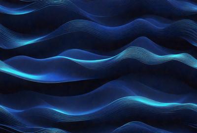 The primary subject of the image is a blue and white wave pattern. The setting is a dark blue background, which creates a contrasting effect with the wave pattern. The visual style is a digital art or illustration, as the wave pattern appears to be a digital creation. The colors and mood of the image are predominantly dark blue and white, giving it a calm and serene atmosphere.