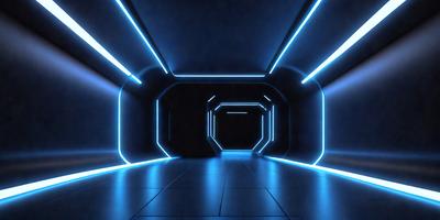 The primary subject of the image is a long, narrow hallway with a blue lighting effect. The setting is a futuristic environment, possibly a space station or a high-tech facility. The visual style is a combination of digital art and illustration, creating a unique and captivating atmosphere. The dominant colors are blue and black, giving the scene a futuristic and mysterious mood.