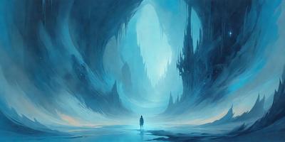 The primary subject of the image is a person standing in a cave. The setting is a dark, cavernous environment with a blue hue. The visual style is a digital art or illustration, creating a dramatic and moody atmosphere. The dominant colors are blue and black, with the blue hue emphasizing the cave's depth and the black accentuating the darkness.