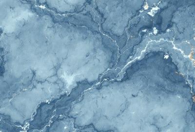 The primary subject of the image is a blue marble wall with a pattern of white streaks. The setting is a room with a blue marble floor. The visual style is a painting, and the colors and mood are predominantly blue and calming.