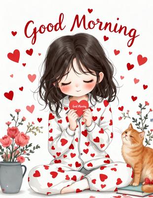The primary subject of the image is a young girl sitting on the floor, holding a heart-shaped piece of paper. The setting is a cozy and warm environment, with a potted plant nearby and a cat sitting on the floor. The visual style is a combination of digital art and illustration, creating a whimsical and heartwarming atmosphere. The colors are predominantly red and white, which adds to the warmth and love-themed nature of the scene.