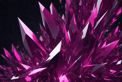 The primary subject of the image is a large, pink crystal structure. The setting is a dark background, which contrasts with the vibrant pink color of the crystal. The visual style appears to be a combination of digital art and illustration, creating a unique and eye-catching design. The dominant colors in the image are pink and purple, giving the scene a bold and striking appearance.