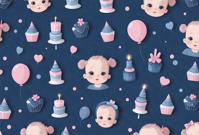 The primary subject of the image is a baby girl with a bow in her hair. She is surrounded by various cakes and balloons, creating a festive and joyful atmosphere. The setting is a blue background, which adds to the overall mood of the scene. The visual style is a combination of digital art and illustration, giving the image a unique and creative appearance.