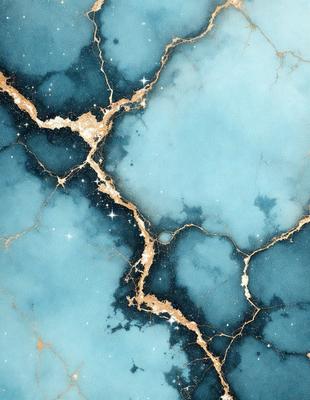 The primary subject of the image is a blue and gold marbled wall. The setting is a room with a blue and gold marbled wall, which serves as the background. The visual style is a digital art, illustration, or drawing, as the marbled wall appears to be a digital creation. The dominant colors are blue and gold, creating a rich and luxurious atmosphere.