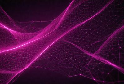 The primary subject of the image is a purple, pink, and white web-like pattern. The setting is a dark background, which contrasts with the vibrant colors of the pattern. The visual style is a combination of digital art and illustration, creating a unique and eye-catching design. The colors and mood of the image are predominantly purple and pink, giving it a soft and dreamy atmosphere.