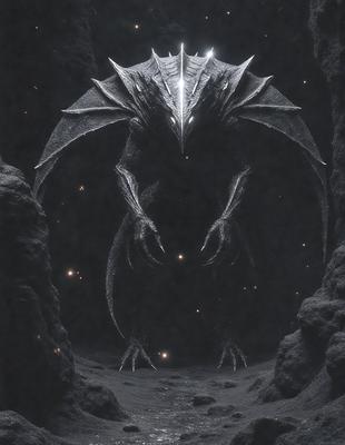 The primary subject of the image is a large, dark, and menacing creature with multiple legs and a spiky head. The creature appears to be a monster or a demon, and it is the main focus of the image. The setting is a dark, cave-like environment, with the creature standing in the middle of the scene. The visual style of the image is a combination of photo and digital art, creating a dramatic and intense atmosphere. The dominant colors in the image are dark shades, such as black, grey