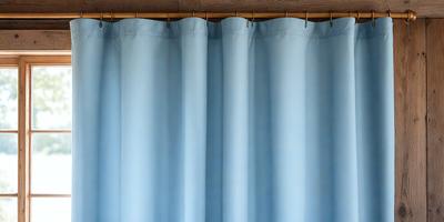 The primary subject of the image is a blue curtain hanging on a rod. The setting is a room with a wooden floor. The visual style is a photo, and the dominant colors are blue and white. The overall atmosphere is calm and serene.