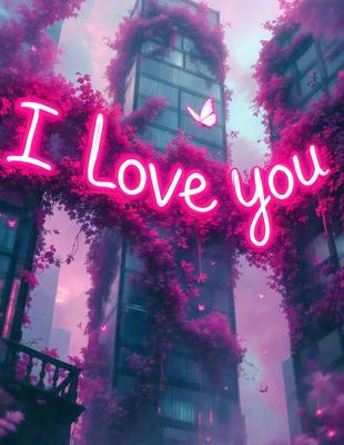 The primary subject of the image is a large pink sign with the words "I Love You" written on it. The sign is displayed in front of a tall building, which serves as the setting for the scene. The visual style of the image is digital art, as it appears to be a computer-generated or digitally edited image. The dominant colors in the image are pink and purple, creating a warm and affectionate atmosphere.