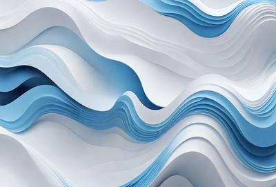 The primary subject of the image is a large, white, and blue wave. The wave is composed of multiple layers, giving it a three-dimensional appearance. The setting is a white background, which provides a clean and minimalistic look to the image. The visual style is a combination of digital art and illustration, creating a dynamic and engaging scene. The dominant colors are white and blue, which evoke a sense of calmness and tranquility.