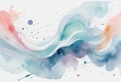 The primary subject of the image is a watercolor painting of a wave. The setting is a white background, and the visual style is a watercolor painting. The dominant colors in the painting are blue and purple, creating a serene and calming atmosphere.