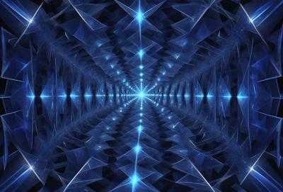 The primary subject of the image is a blue and white geometric pattern, which appears to be a digital art or illustration. The setting is a dark background, which contrasts with the bright blue and white colors of the pattern. The visual style suggests that the image is a creative and artistic representation of a space or structure. The overall atmosphere of the image is one of intrigue and fascination, as the viewer is drawn into the intricate and captivating design of the pattern.