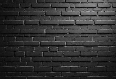 The primary subject of the image is a black brick wall. The setting is a brick wall, and the visual style is a photo. The dominant colors are black and white, creating a stark and minimalist atmosphere.