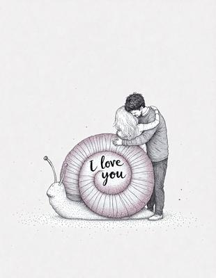 The primary subject of the image is a man and a woman standing close to each other, with the woman hugging the man. They are surrounded by a large, pink, wavy line that reads "I love you." The setting appears to be a beach, as the couple is standing on the sand. The visual style of the image is a combination of digital art and illustration, creating a warm and affectionate atmosphere.
