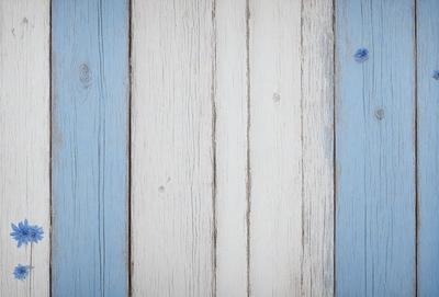 The primary subject of the image is a wooden wall with a blue stripe. The setting is a room with a blue and white striped wall. The visual style is a photo of the wooden wall. The dominant colors are blue and white, creating a calm and soothing atmosphere.