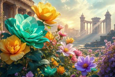 Primary subject: A beautiful garden filled with a variety of colorful flowers, including yellow, pink, purple, and orange.

Setting/background: The garden is set against a backdrop of a majestic building, possibly a temple or a palace.

Visual style: The image is a digital artwork, showcasing the vibrant colors and intricate details of the flowers.

Colors and mood: The garden is full of life and color, creating a lively and cheerful atmosphere.