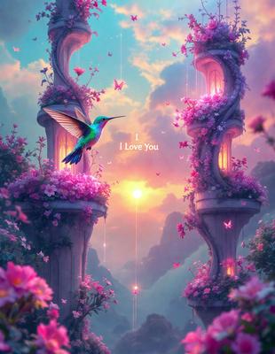 The primary subject of the image is a green bird perched on a pink flower. The bird is surrounded by a beautiful and colorful environment, with pink flowers and a sunset in the background. The visual style of the image is a combination of photo and digital art, creating a vibrant and lively atmosphere. The dominant colors in the image are pink and green, with the pink flowers and the green bird being the main focus of the scene.