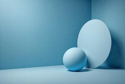The primary subject of the image is a blue sphere, which is placed on a blue surface. The setting appears to be a room with a blue wall, and the visual style is a photo. The dominant colors in the image are blue, and the overall atmosphere is calm and serene.