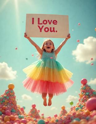 The primary subject of the image is a young girl wearing a colorful dress, holding a sign that reads "I love you." She is flying through the air, surrounded by a variety of colorful balls, which create a playful and joyful atmosphere. The setting appears to be a playful environment, possibly a park or a similar outdoor space. The visual style of the image is a combination of photo and digital art, creating a vibrant and lively scene.