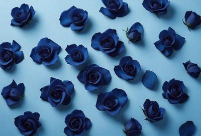 The primary subject of the image is a large group of blue flowers, which are arranged in a visually appealing manner. The setting is a blue background, which provides a striking contrast to the flowers. The visual style of the image is a close-up of the flowers, showcasing their details and beauty. The dominant colors in the image are blue and purple, creating a serene and calming atmosphere.