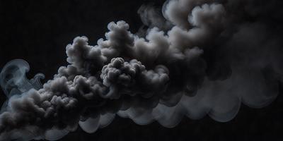 The primary subject of the image is a cloud of smoke, which is the main object, scene, or focus of the image. The setting is a dark background, which creates a dramatic and moody atmosphere. The visual style is a black and white photo, giving the image a classic and timeless appearance. The colors and mood are dominated by the smoke, which appears as a dense and ominous presence in the image.