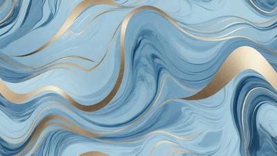 The primary subject of the image is a blue and gold swirling pattern, which appears to be a digital art or illustration. The setting is a blue background, and the visual style is a combination of digital art and illustration. The dominant colors are blue and gold, creating a sense of depth and elegance in the design.