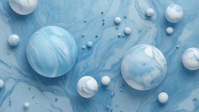 The primary subject of the image is a collection of blue and white balls, which are floating in a blue, swirling, and rippling ocean. The setting is a blue background, which creates a serene and calming atmosphere. The visual style is a combination of digital art and illustration, as the balls are depicted in a realistic manner while the ocean has a digital, swirling appearance. The colors and mood of the image are predominantly blue, which adds to the sense of tranquility and depth