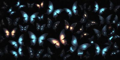 The primary subject of the image is a group of butterflies. There are several butterflies in various positions, with some flying and others resting. The setting is a dark background, which creates a dramatic and moody atmosphere. The visual style is a combination of photo and digital art, as the butterflies are depicted in a realistic manner while the background is digitally created. The colors and mood of the image are predominantly dark, with the butterflies being the main source of