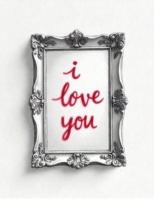 The primary subject of the image is a framed picture with the words "I Love You" written in red. The setting is a white wall, and the visual style appears to be a combination of digital art and illustration. The dominant colors are red and white, creating a warm and affectionate atmosphere.