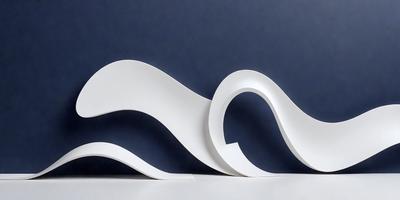The primary subject of the image is a white sculpture, which appears to be a modern art piece. The sculpture is placed on a white surface, which could be a table or a wall. The setting is a room with a blue background, which adds a contrasting color to the scene. The visual style of the image is a combination of digital art and illustration, creating a unique and artistic representation of the sculpture. The colors and mood of the image are predominantly white and blue, giving it a clean and cal