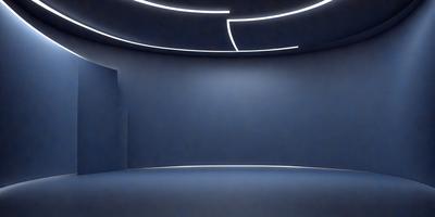 The primary subject of the image is a large, empty room with a blue wall. The setting is a dark room with a blue color scheme, giving it a somewhat eerie atmosphere. The visual style appears to be a photo, as it captures the room's emptiness and the blue wall's color.