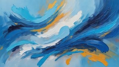 The primary subject of the image is a painting of a blue and yellow ocean wave. The setting is a white wall, and the visual style is a painting, which gives the image a more artistic and creative appearance. The dominant colors in the painting are blue and yellow, creating a sense of depth and movement in the ocean wave.