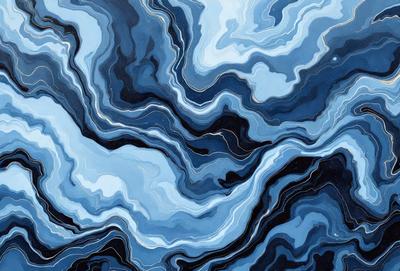 The primary subject of the image is a blue and white painting of a water-like surface, possibly a painting of the ocean. The setting is a blue background, which complements the colors of the painting. The visual style appears to be a digital art or illustration, as it is a detailed and intricate representation of the water. The dominant colors are blue and white, creating a serene and calming atmosphere.