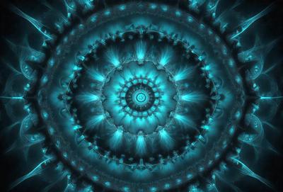 The primary subject of the image is a blue, circular pattern with a central hole. The setting is a blue background, and the visual style appears to be a digital art or illustration. The dominant colors are blue and white, creating a calm and serene atmosphere.