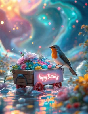 The primary subject of the image is a small bird perched on a wooden cart filled with colorful flowers. The setting is a vibrant and lively environment, with the bird sitting on the cart surrounded by a variety of flowers. The visual style of the image is a combination of photo and digital art, creating a realistic yet whimsical scene. The colors and mood of the image are predominantly bright and cheerful, with the flowers and the bird's presence adding a sense of warmth and happiness to the scene