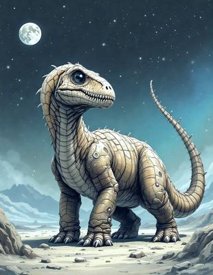 The primary subject of the image is a large, spiky, and scaly dinosaur standing on a rocky surface. The dinosaur appears to be a mix of a crocodile and a lizard, with a long tail and a distinctive head. The setting is a nighttime scene with a moon visible in the sky. The visual style of the image is a digital art or illustration, creating a unique and captivating representation of the dinosaur. The colors and mood of the image are dark and