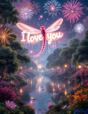 The primary subject of the image is a dragonfly, which is the main object, scene, or focus of the image. The setting/background features a beautiful forest with a river flowing through it. The visual style of the image is digital art, as it is a well-crafted and detailed illustration. The colors and mood of the image are vibrant and lively, with the dragonfly and the surrounding environment being predominantly pink and purple.