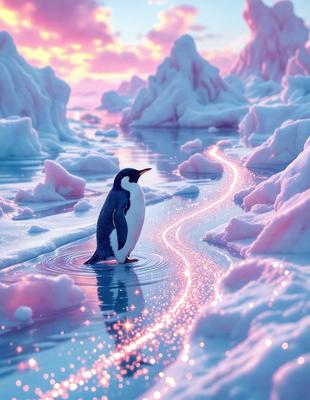 The primary subject of the image is a penguin standing in the water. The setting is a frozen landscape with a pink sky, and the visual style is digital art. The dominant colors in the image are pink and blue, creating a serene and icy atmosphere.