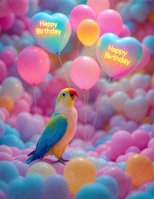 The primary subject of the image is a colorful parrot sitting on a pink surface. The parrot is surrounded by a variety of balloons, including pink and yellow ones. The setting appears to be a playful and festive environment, possibly a birthday celebration. The visual style of the image is a combination of photo and digital art, creating a vibrant and lively atmosphere. The dominant colors in the image are pink and yellow, which contribute to the cheerful and celebratory mood.