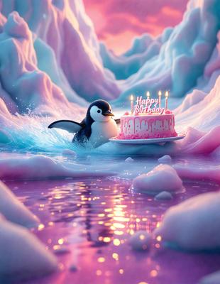 The primary subject of the image is a penguin, which is standing on a piece of cake. The setting is a pink and purple environment, possibly a digital art or illustration. The visual style is a combination of photo and digital art, creating a unique and colorful scene. The colors and mood of the image are vibrant and cheerful, with the pink and purple hues adding a sense of celebration and joy.