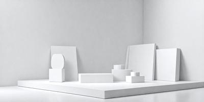 The primary subject of the image is a white display with a variety of white objects, including a white cube and a white square. The setting is a white wall, which serves as the background for the display. The visual style of the image is a combination of photo and digital art, creating a clean and minimalist appearance. The colors and mood of the image are predominantly white, giving it a calm and serene atmosphere.