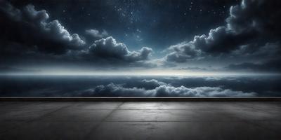 The primary subject of the image is a large, open sky with clouds and a starry night. The setting is a dark, cloudy night with a view of the ocean. The visual style is a combination of a photo and digital art, creating a surreal and dramatic atmosphere. The colors and mood are predominantly dark and moody, with the starry night adding a touch of serenity to the scene.