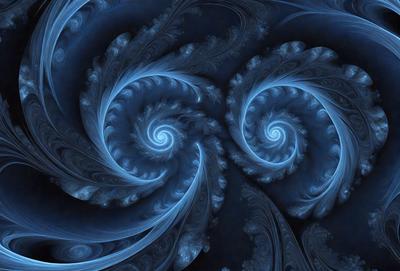 The primary subject of the image is a blue spiral pattern, which is the main object, scene, or focus of the image. The setting or background features a blue and white swirl pattern, which adds to the visual style of the image. The overall atmosphere is one of beauty and intricacy, as the blue spiral pattern is the dominant color and the visual style is a combination of photo, digital art, and illustration.